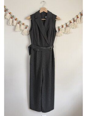 Calvin Klein Pinstriped Notched Collar Wide Leg Sleeveless Jumpsuit Careerwear 2